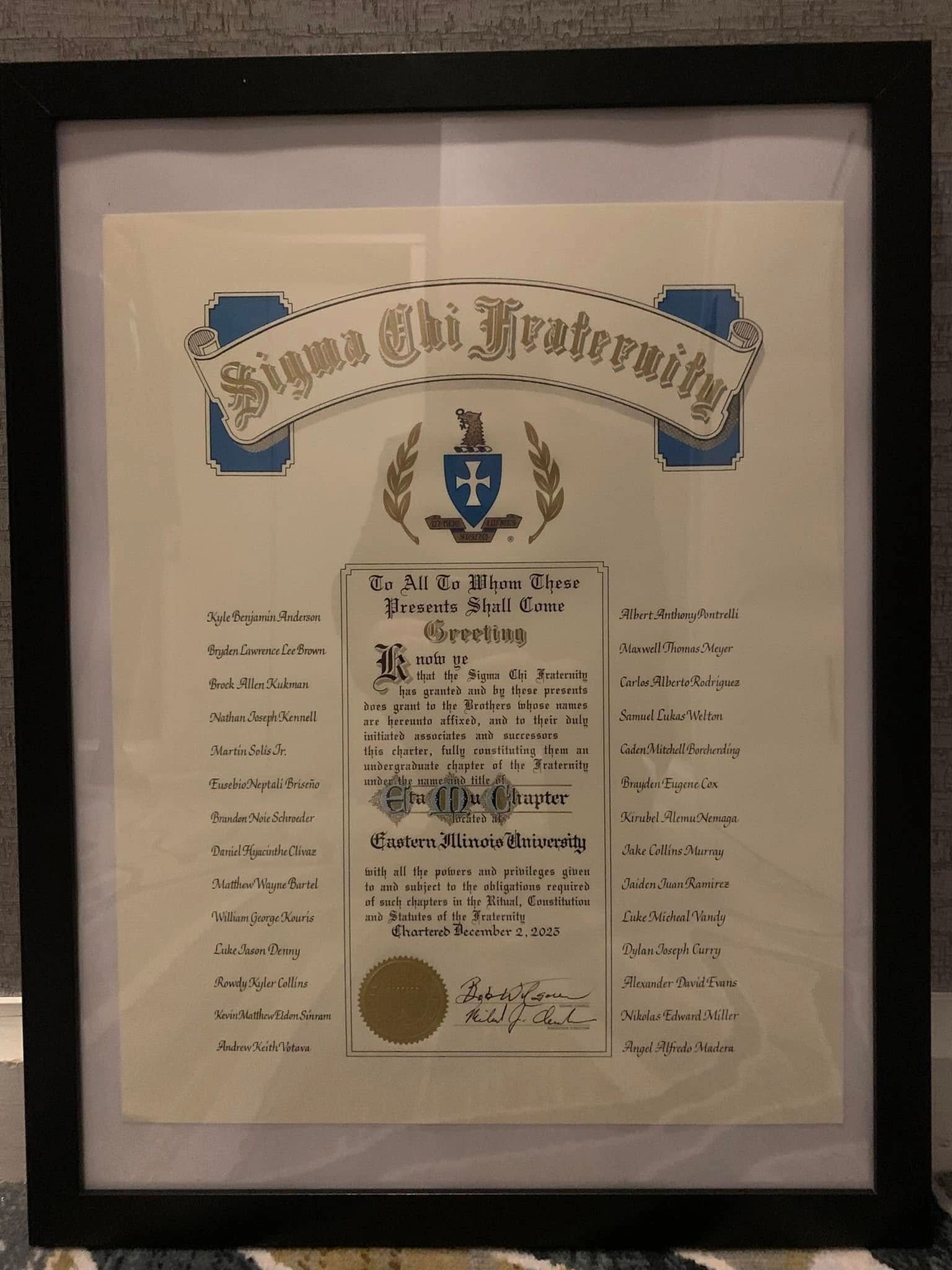 Framed Eta Mu Sigma Chi charter