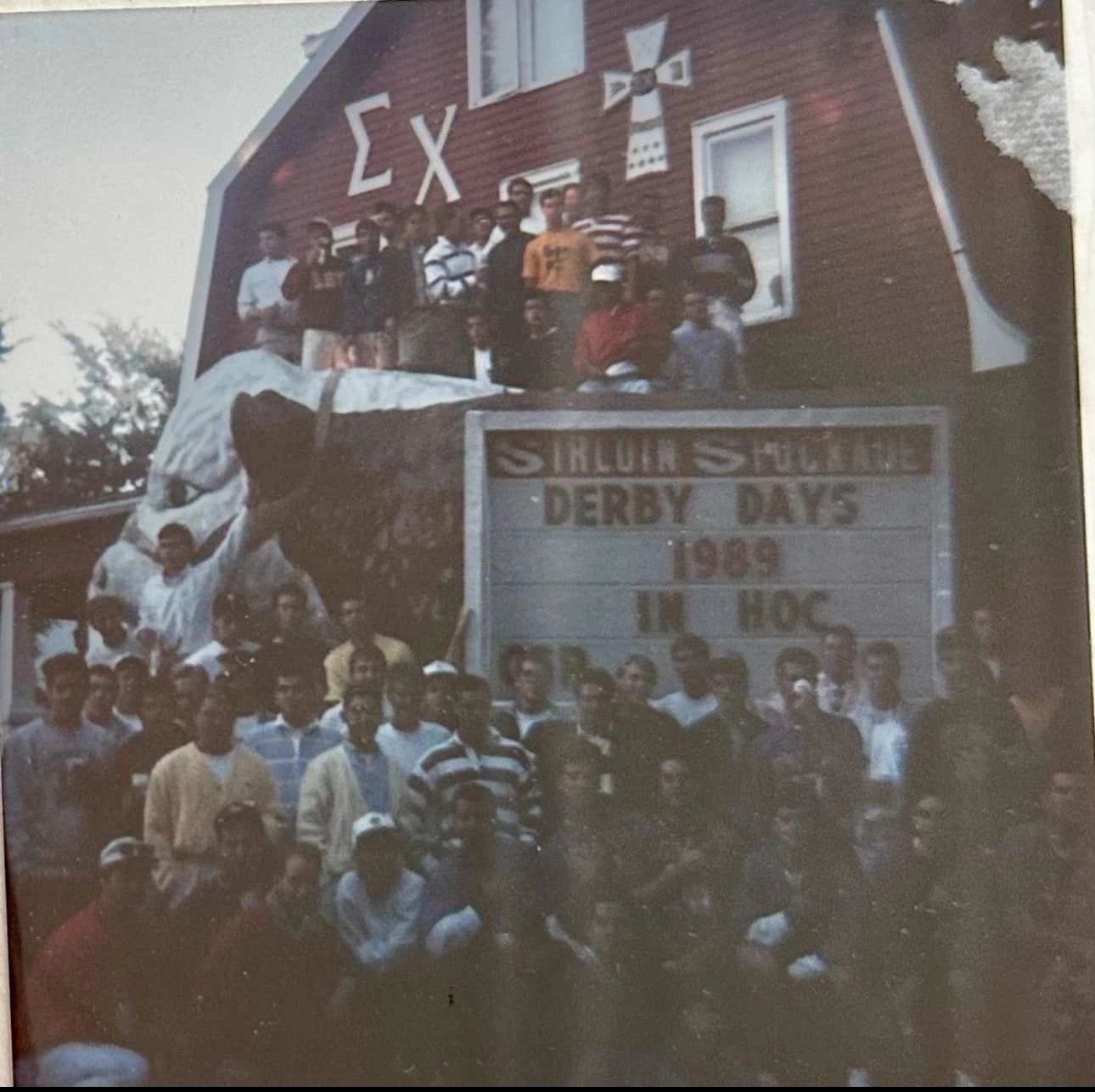 Eta Mu Derby Days gathering outside the Barn in 1988