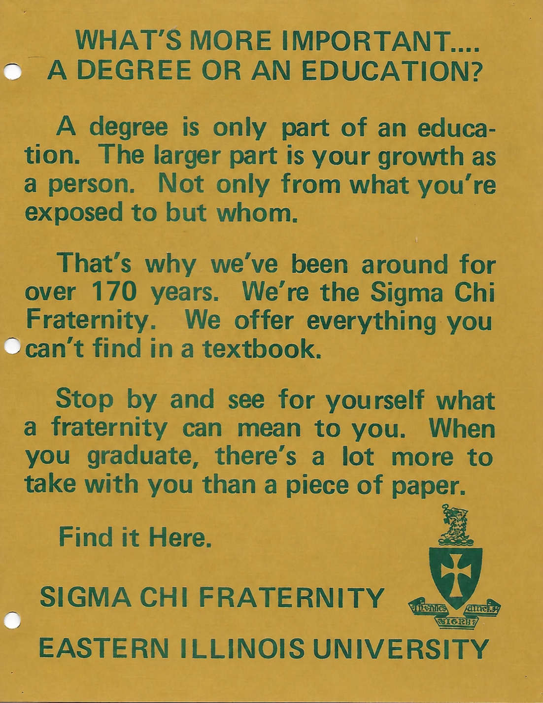 Vintage Sigma Chi recruitment flyer asking, What’s more important—a degree or an education?